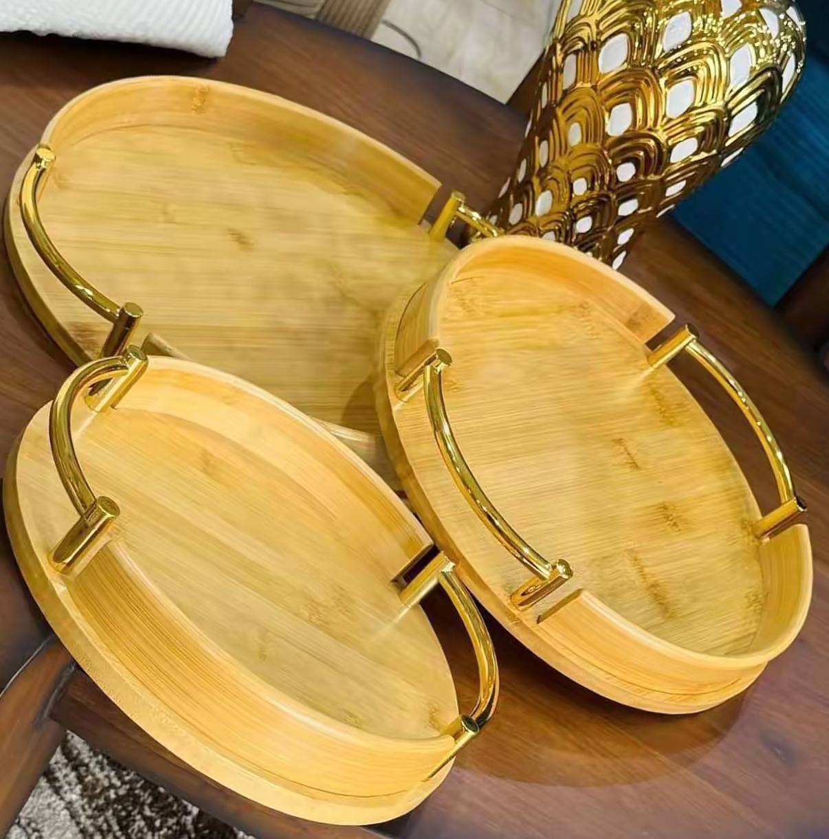 طقم صواني خشب بيد ستيل 3 قطع